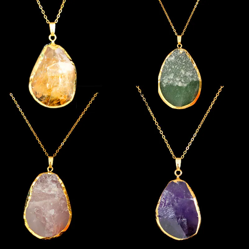 Colgante de cristal de piedras preciosas en forma de gota con borde dorado, collar de moda de temperamento simple para mujer, para enviar cadena fina de oro