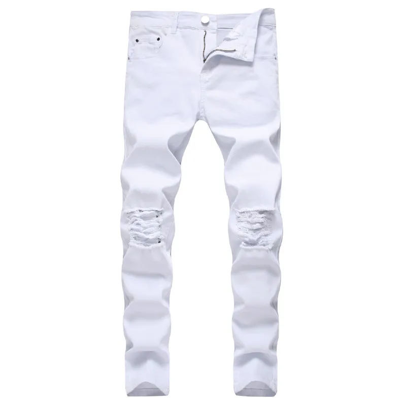 Calça Jeans Rasgada Branca Sólida Masculina 2020 Calça Jeans Skinny Clássica Retro Masculina Calças Jeans Elásticas de Marca Calças Casual Calça Lápis Ajuste Justo