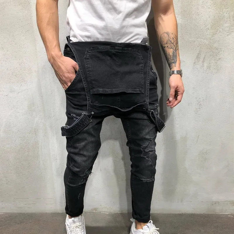 Mode mäns rippade jeans jumpsuits street nödställda hål denim bib overaller för man suspender byxor storlek m-xxl