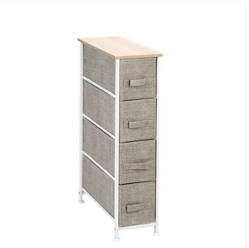 Commode Étroite Lin/Naturel Meuble de Rangement Vertical + 4 Tiroirs en Tissu Rangement