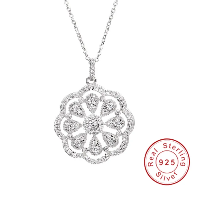 Hot Sell 925 Sterling silver Flower Necklaces Pendants with High Quality Simulated Diamond For Women Birthday Gift Cocktail Jewelry
