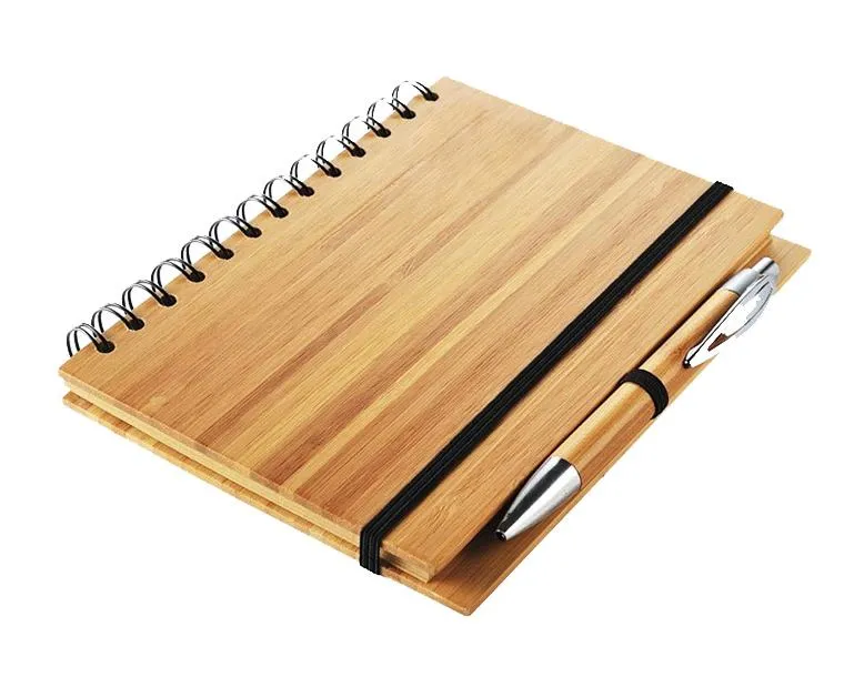 Blocco note con copertina in legno di bambù Blocco note a spirale con penna 70 fogli di carta a righe riciclata SN2129