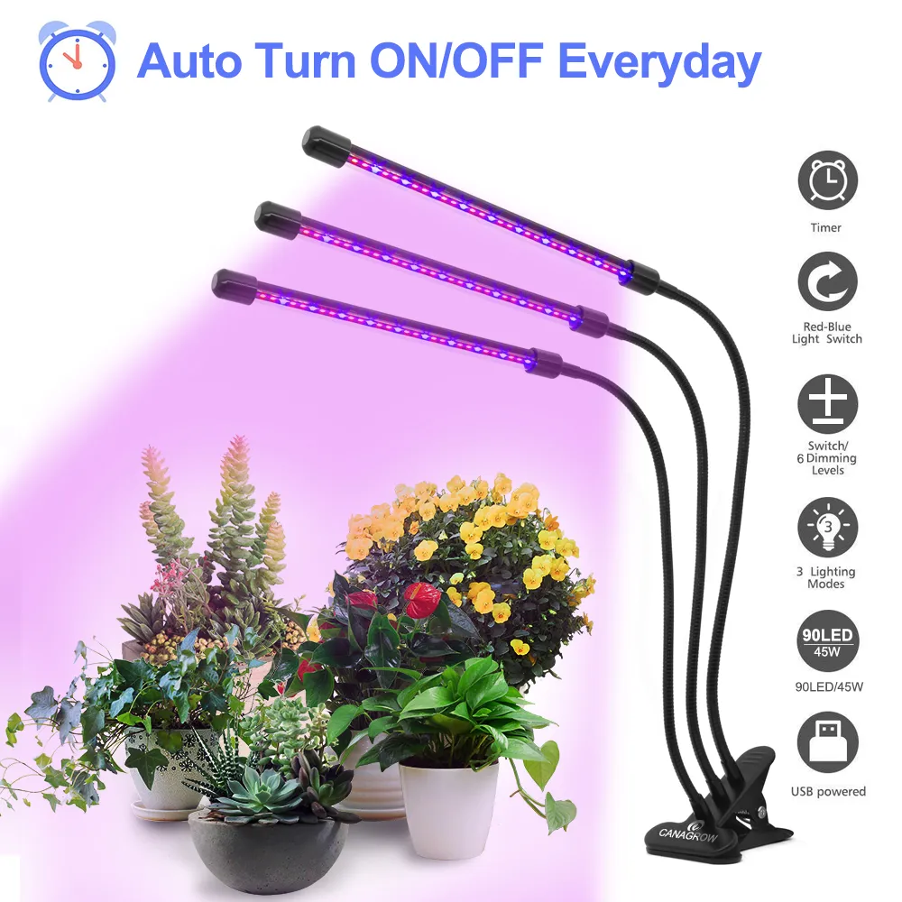 CANAGROW Three Head Led Grow Light Clip Base 45W 90 LEDs Dimmable Plant Growing Lamp for Office Indoor Greenhouse Plants Herbs