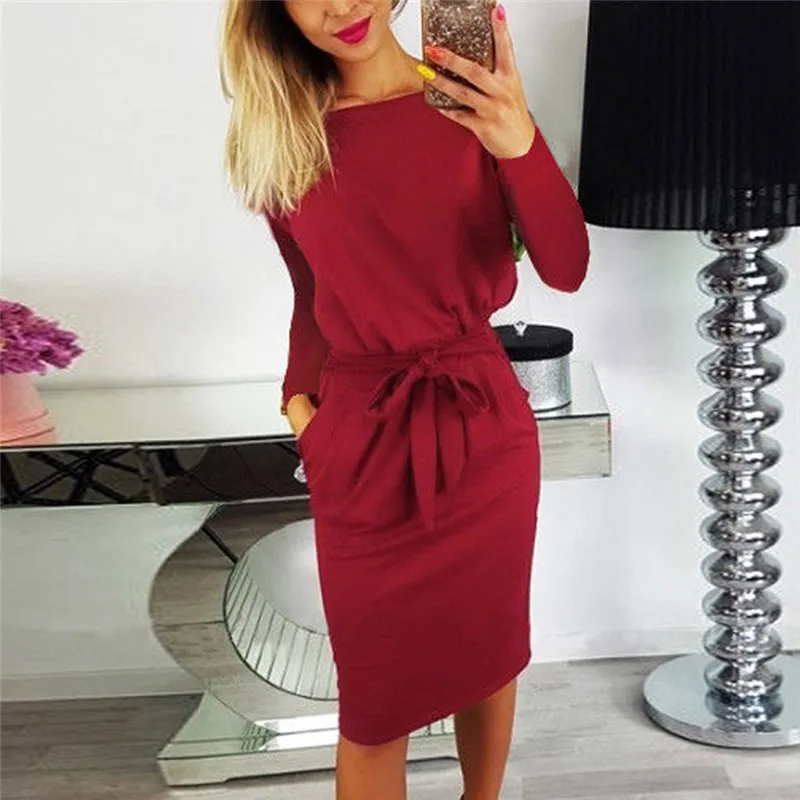 2019 Sonbahar Kış Elbise Kadınlar Uzun Kollu Siyah Mavi Elbise Casual Slim Sashes Midi Pamuk Giydirme Plus Size Moda Giyim 3XL