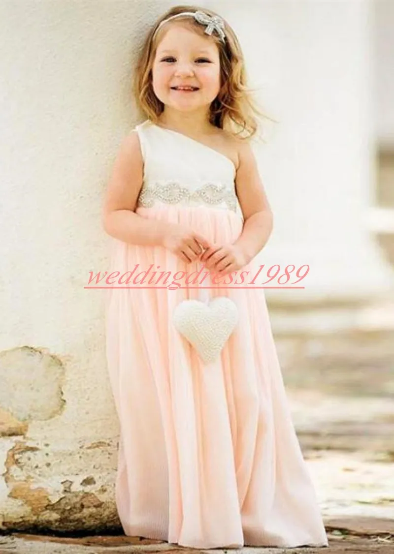 Gasa Un hombro Vestidos para niñas de flores A-Line Beads Cheap Girls Party Vestidos formales Vestidos de primera comunión Niños Tutu Cumpleaños Boda