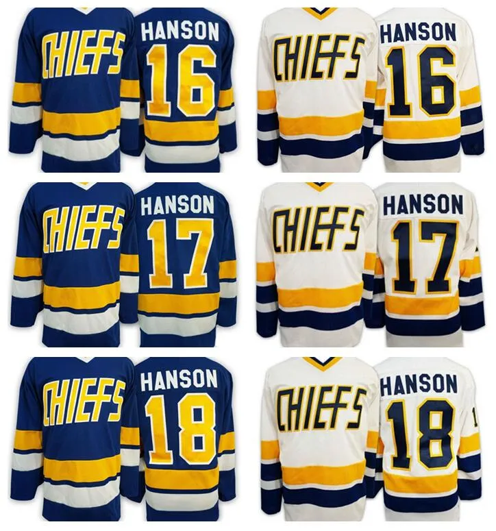 슬랩 샷 찰스 타운 족장 남자 16 잭 Hanson Jerseys 17 Steve Han Ice Hockey Jersey 자수 빈티지 18 Jeff Hanson CCM 영화 저지