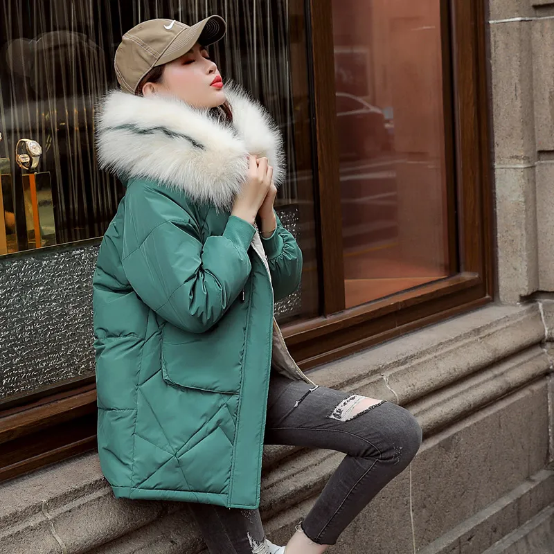 중간 롱 다운 파카 여성 겨울 재킷 캐주얼 모피 칼라 후드 재킷 따뜻한 두꺼운 코트 플러스 사이즈 큰 포켓 여성용 코트 T191102