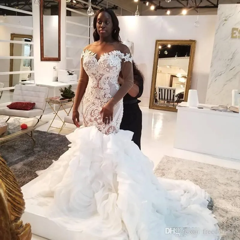 dhgate mermaid wedding dresses Tiered mermaid wedding dress with Illusion Long Sleeves, Lace Ruffles, Tiered Court Train, and Plus Size Option