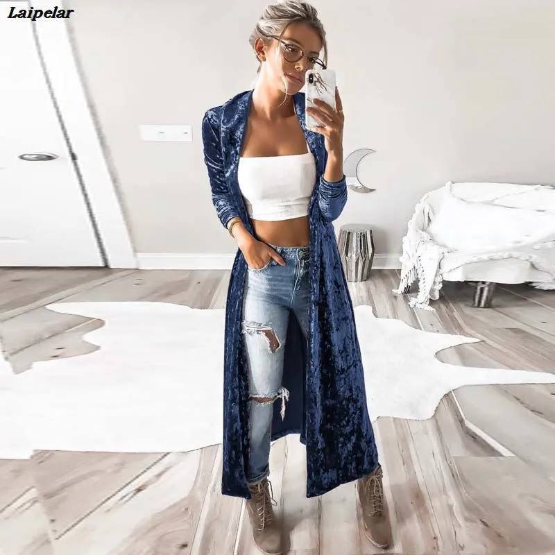 2018 Sexy Frauen Langarm Pannesamt Lange Mantel Jacke Frühling Revers Hals Schlank Club Ganzkörperansicht Strickjacke Offenen Stich Outwear