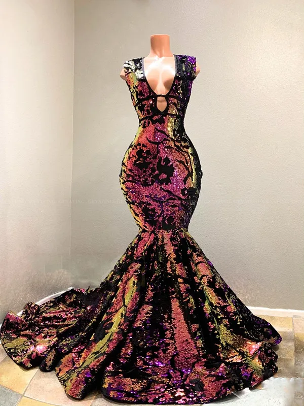 Sparkly Sequin Velvet Mermaid African Prom Dresses 2020 Vestidos de gala Sexy V-Neck Court Train Black Girls Evening Party Dress