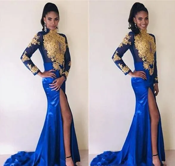 2019 Afryki Syrenki Suknie Wieczorowe Royal Blue Arabic Suknie Wieczorowe Z Długim Rękawem Z Złotą aplikacją Wysokie Split Sexy Prom Dresses Plus Size