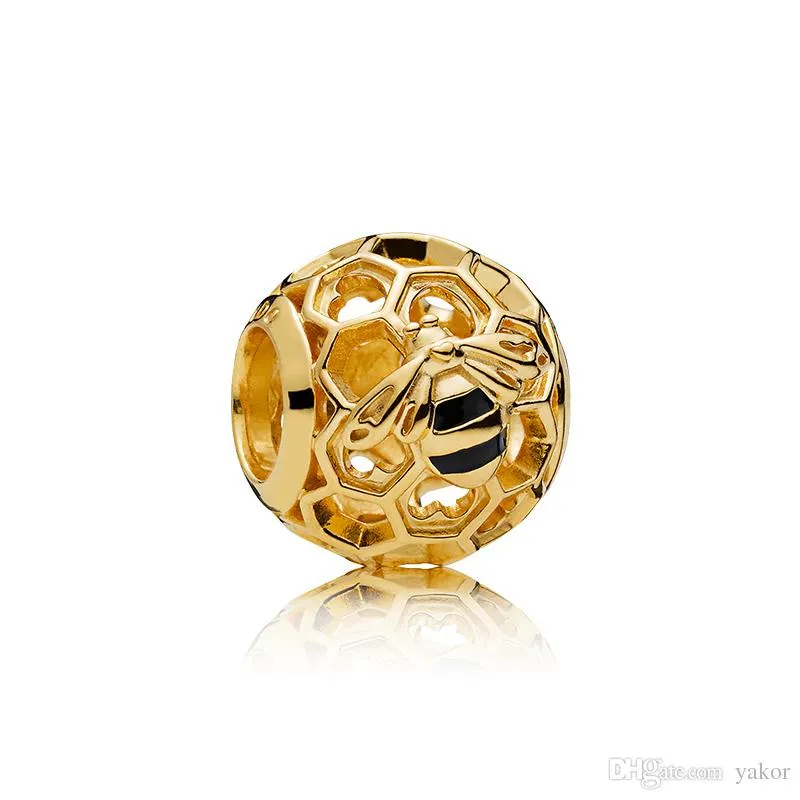 Ny lyxig 18K Gul Gold Bees Honeycomb CHARM SET ORIGINAL BOX FÖR PANDORA 925 Sterling Silver DIY Bracelet Charms Smycken Tillbehör