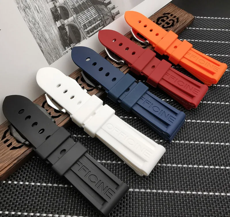 Silicone Rubber Watchband 22mm 24mm 26mm Black Blue Red Orange White Watch Band för Panerai -rem med logotyp CJ191225