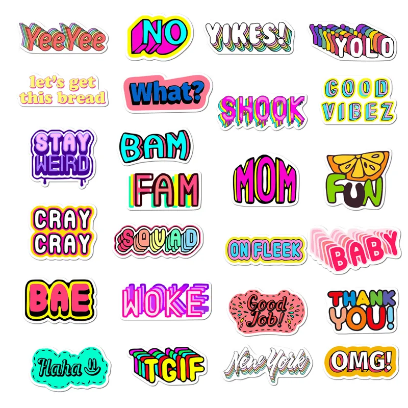 50st Set Cartoon English Frase Waterproof PVC Stickers to DIY Bagage Guitar Laptop Motorcykel Skateboard Sticker Kids Toys311p