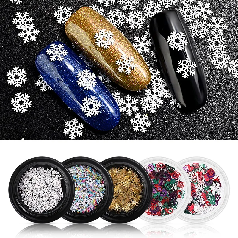 NA041 5 Styles Winter Christmas Snowflake Nail Sequins Gold Metal Glitter Nail Tips Manicure Snow Flower Decoration stickers Accessories