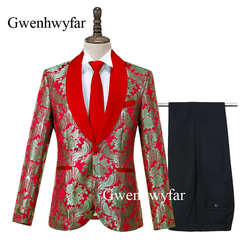 Gwenhwyfar 2020 Neue Design Rot Männer anzüge Slim Fit Horn Jacquard Smoking Bräutigam Beste Hochzeit Party Prom Anzug sets (Blazer + Hosen)