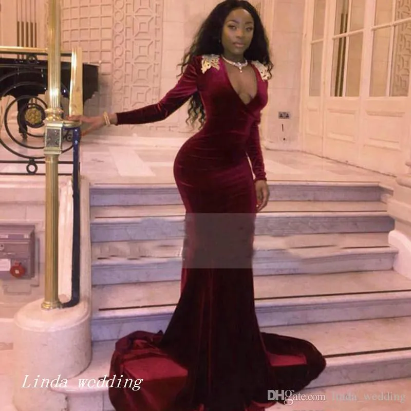 2019 Burgundia Aksamitna Suknia Wieczorowa Skromna Afryka Afryka V Neck Długie Rękawy Appliqued Formal Party Suknia Custom Made Plus Size