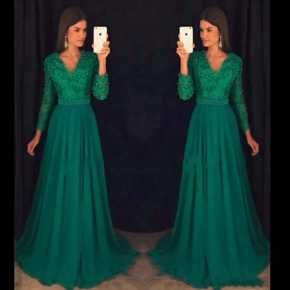 Emerald Green V Neck A Line Long Green Prom Dress With Lace Appliques