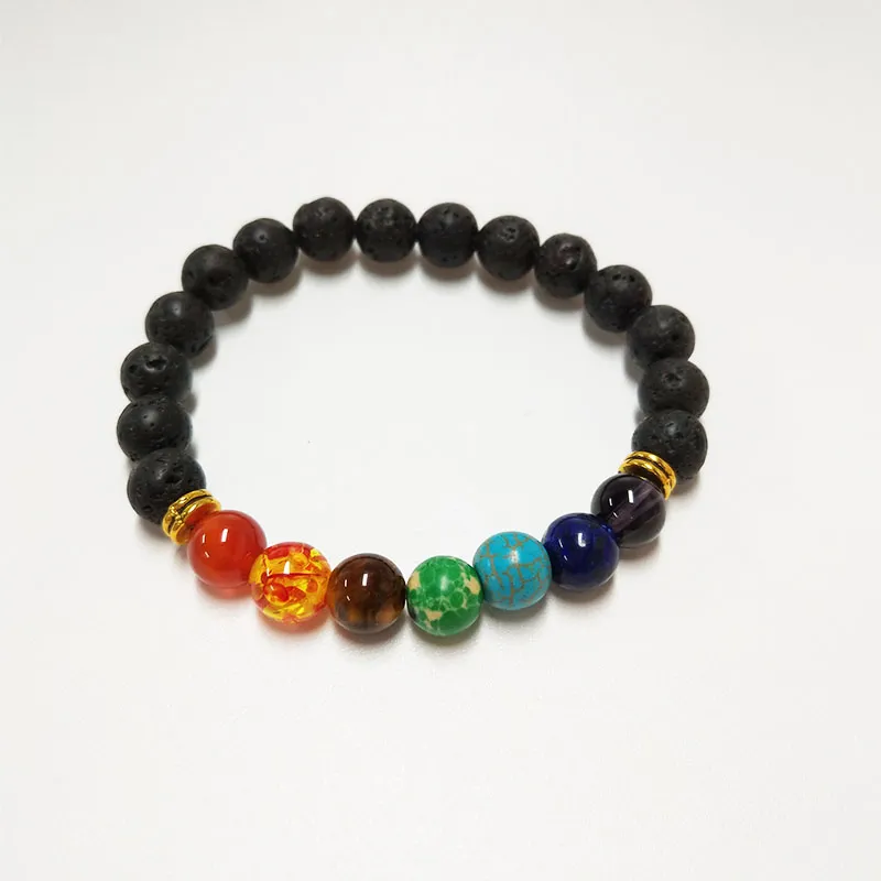 Lelx 1 Pc Novo 7 Chakra Pulseira Homens Preto Lava Cura Balanço Beads Reiki Buddha Praia Pedra Natural Pulseira de Ioga Para As Mulheres