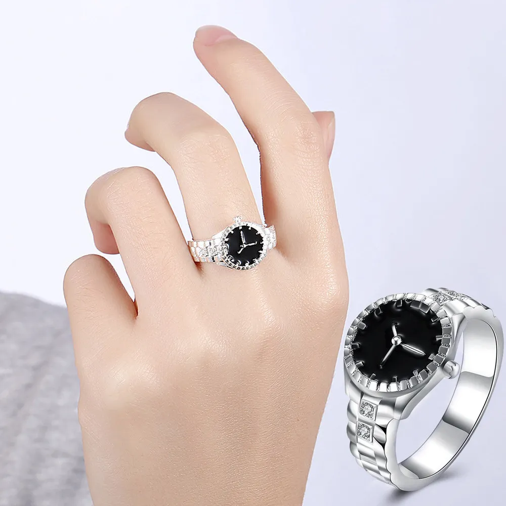 Watch shape Rings for Women Cubic Zirconia Black Ring Female Silver Color Fashion Jewelry Decorating Dropshipping 925 stamp