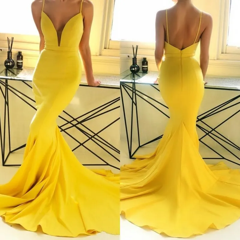 2019 romantische geel prom jurk zeemeermin sexy spaghetti riemen pluning v-hals hof trein vestidos de fiesta