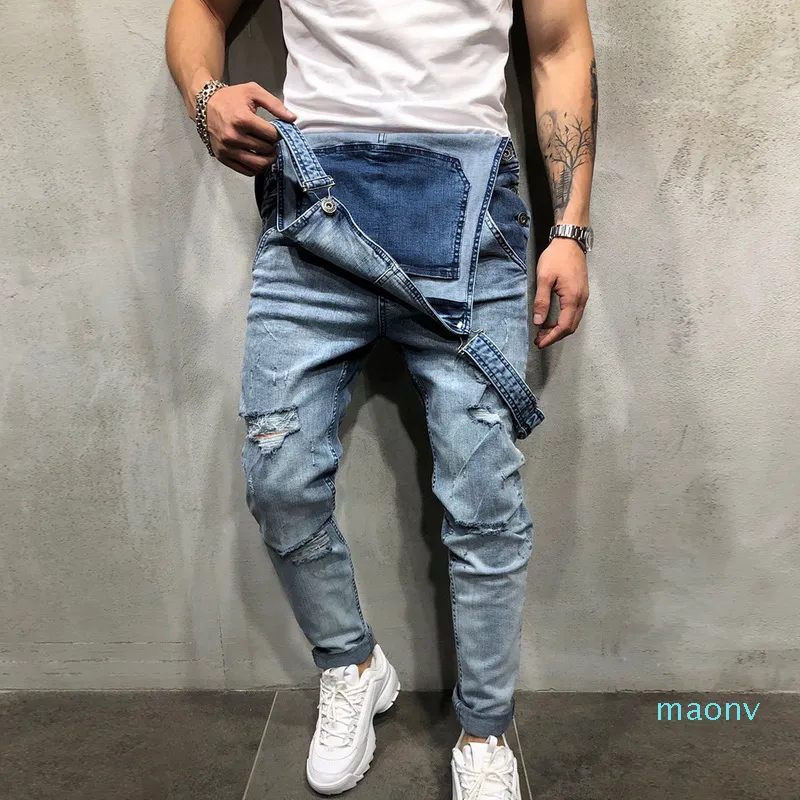 卸売ファッションメンズリッピングジーンズジャンプスーツストリートの苦しんでいる穴Denim Bibオーバーオール男性サスペンダーパンツサイズM-XXL