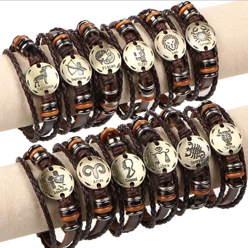 12 sterrenbeelden armband mode-sieraden cadeau lederen armband mannen casual persoonlijkheid dierenriem tekens punk bedelarmbanden voor vrouwen meisjes