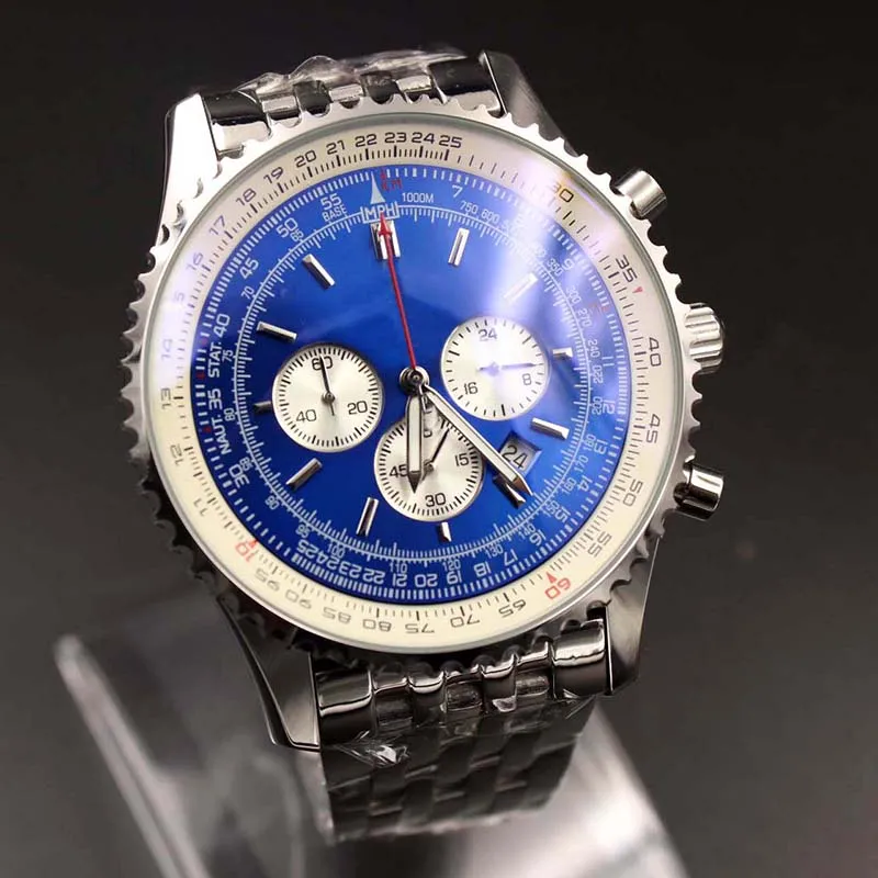 Relojes de pulsera para hombre al aire libre Navitimer 46MM Cronógrafo Cuarzo Acero inoxidable Dial azul Deporte Floding Broche Reloj para hombre Relojes