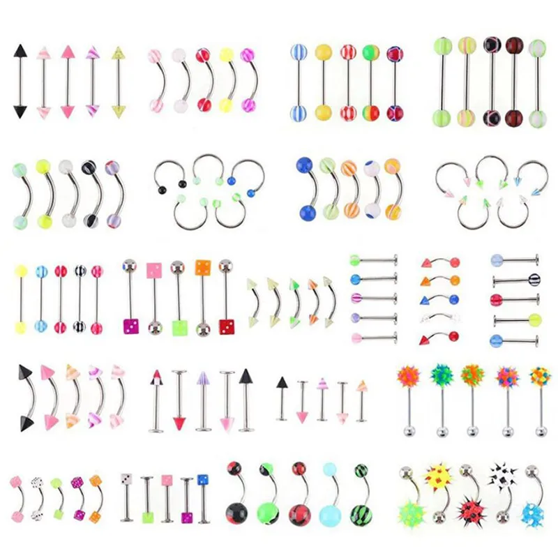 Set mit 110 bunten Piercing-Langhanteln aus Edelstahl und Acryl für Nase, Zunge, Lippe, Bauchnabelpiercing für Männer und Frauen