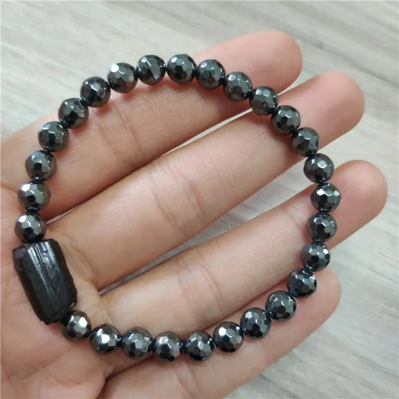 Natural Mineral Stone Rough Black Tourmaline Healing Stone Bead Faceted Hematite Bead Energy Bracelet For Man Women273q
