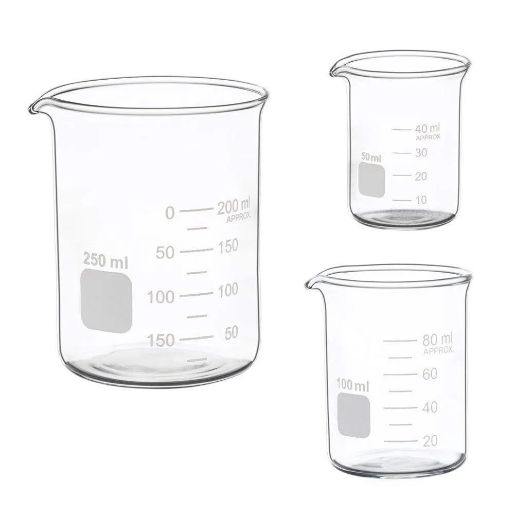 Lab Supplies Glas Mätning Lågform Bägare Ställ 50 ml 100 ml 250ml