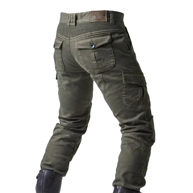 كيوفنو أزياء الرجال السائق جينز السراويل مع منصات الركبة دراجة نارية الدنيم السراويل للذكور في الهواء الطلق