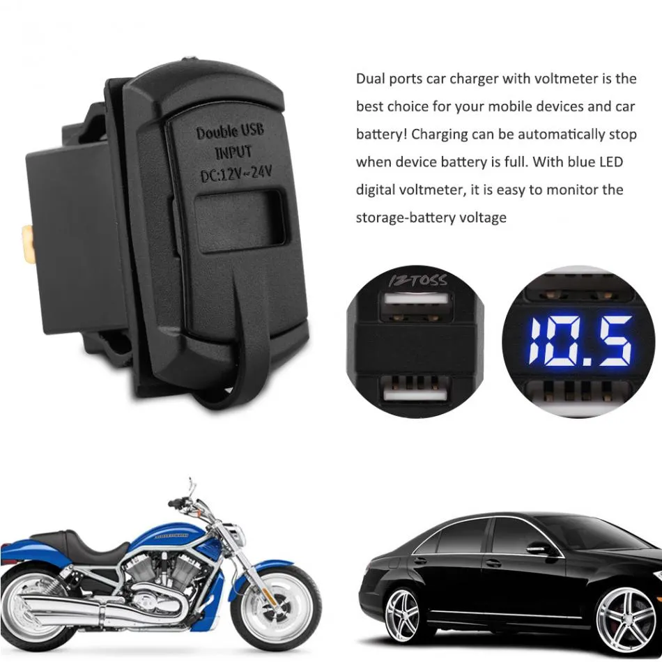 Freeshipping 12 V Carregador USB Voltímetro Dual Port USB Carregador de Soquete Tensão Voltímetro Tester Com Fios Para Carro Motocicleta Barco Car Styling