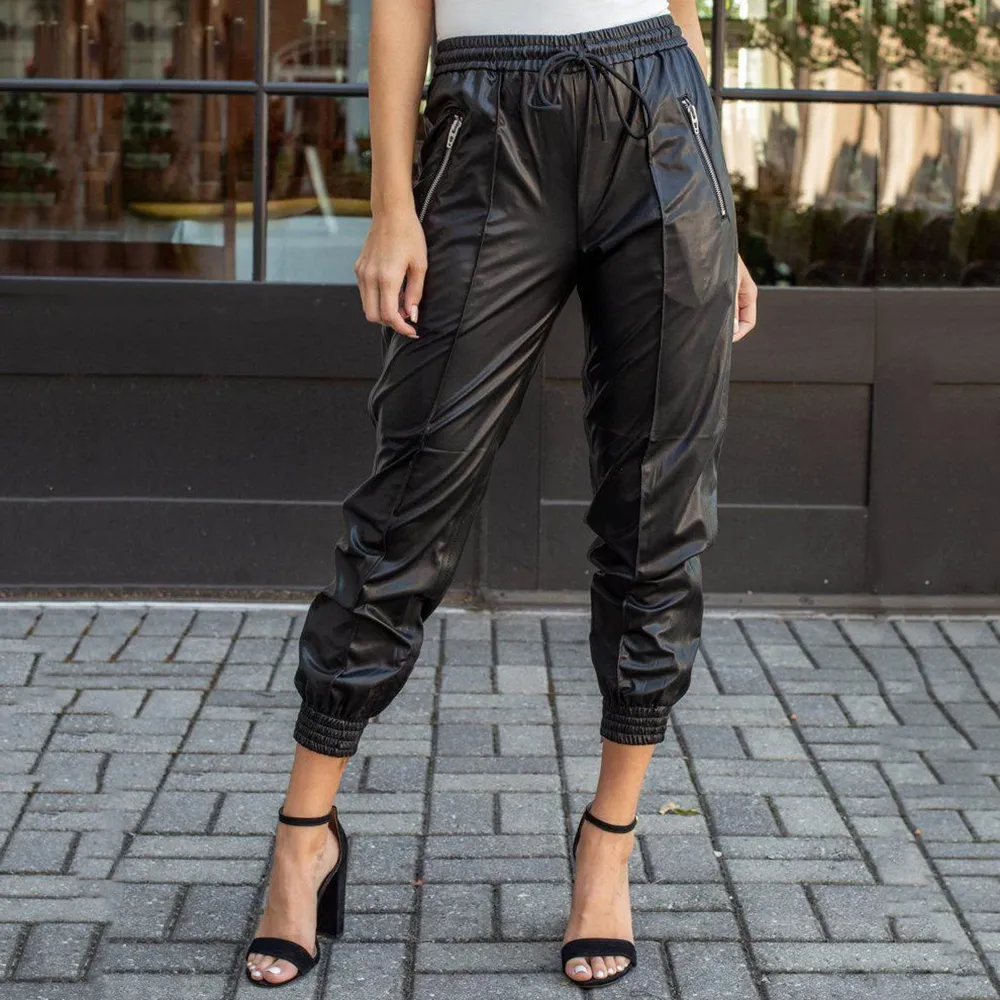 Pantaloni in pelle sintetica Harajuku Pantaloni a vita alta in PU elastico da ragazza 2019 Pantaloni cargo neri da donna con cerniera Hip Hop pantalon femme D30