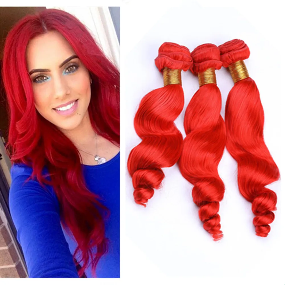 Peruvian Ljusröd Human Hår Vävar Lösa Våg Vågor Bundlar 3PCS Lot Pure Red Color Virgin Human Hair Weave Extensions Mixed Length