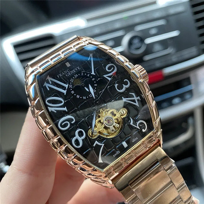 Fashion Good Quality Brand Watches Men's Tonneau Style Mekanisk Rostfritt Stålband Armbandsur Muller FM03