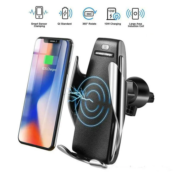 Supporto per caricatore per auto wireless a bloccaggio automatico S5 Supporto per ricevitore Sensore intelligente Caricabatterie a ricarica rapida da 10 W per telefoni universali Samsung