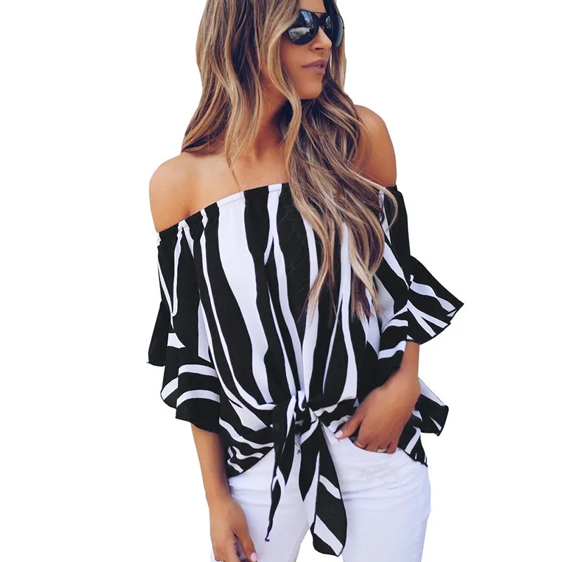 Design shirt - a new 2019 women's fashion shirt with a five-minute stripe chiffon top with one shoulder