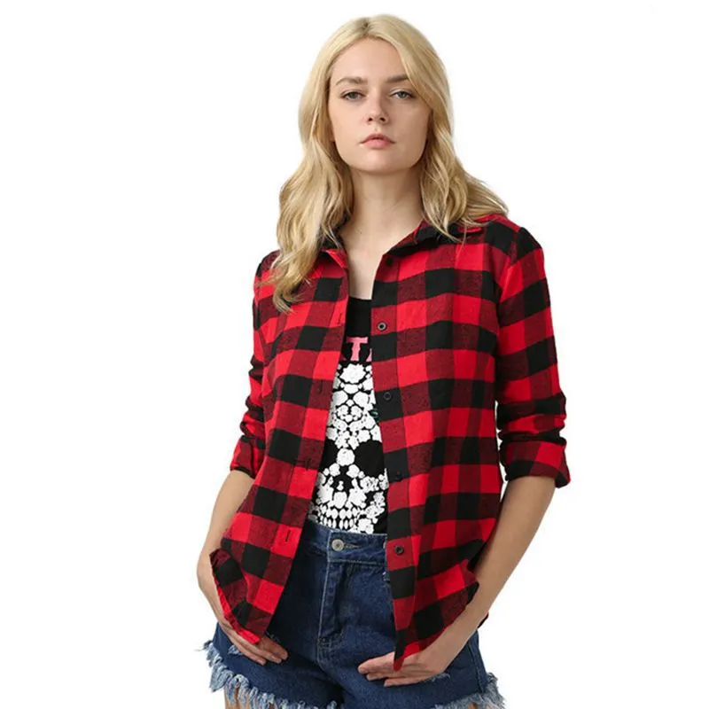 Camisa a cuadros roja para mujer manga larga informal cl sica suelta inteligente mezcla de algod n 0263 M a XXL