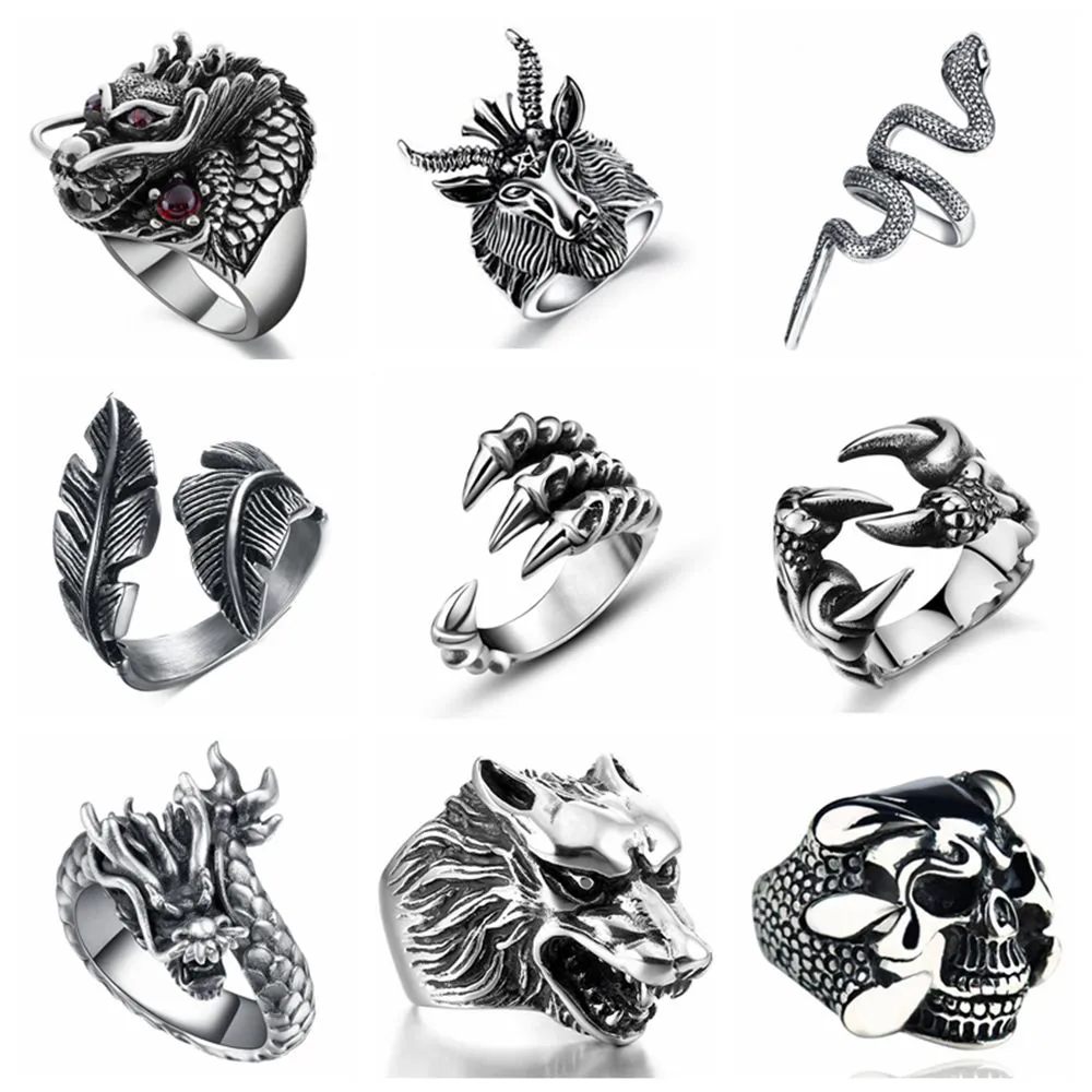 Fan gratuito Retro Gothic Punk Uomini Anelli Trendy Teschio Lupo Drago Maschile Anelli Gioielli Accessori di Halloween Anillo Hombre