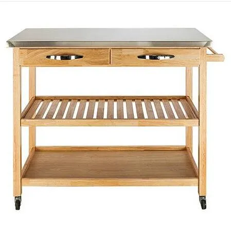 Hot Sales !!! Groothandel Beweegbare keukenkar met roestvrijstalen tafel Top Twee laden Twee planken Burlywood