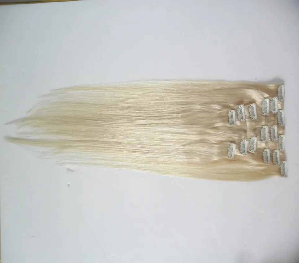 Blont hår 100g 7st Full Head Set Clip In Human Hair Extensions Brazilian Machine Made Remy Real Hair Straight 10-26