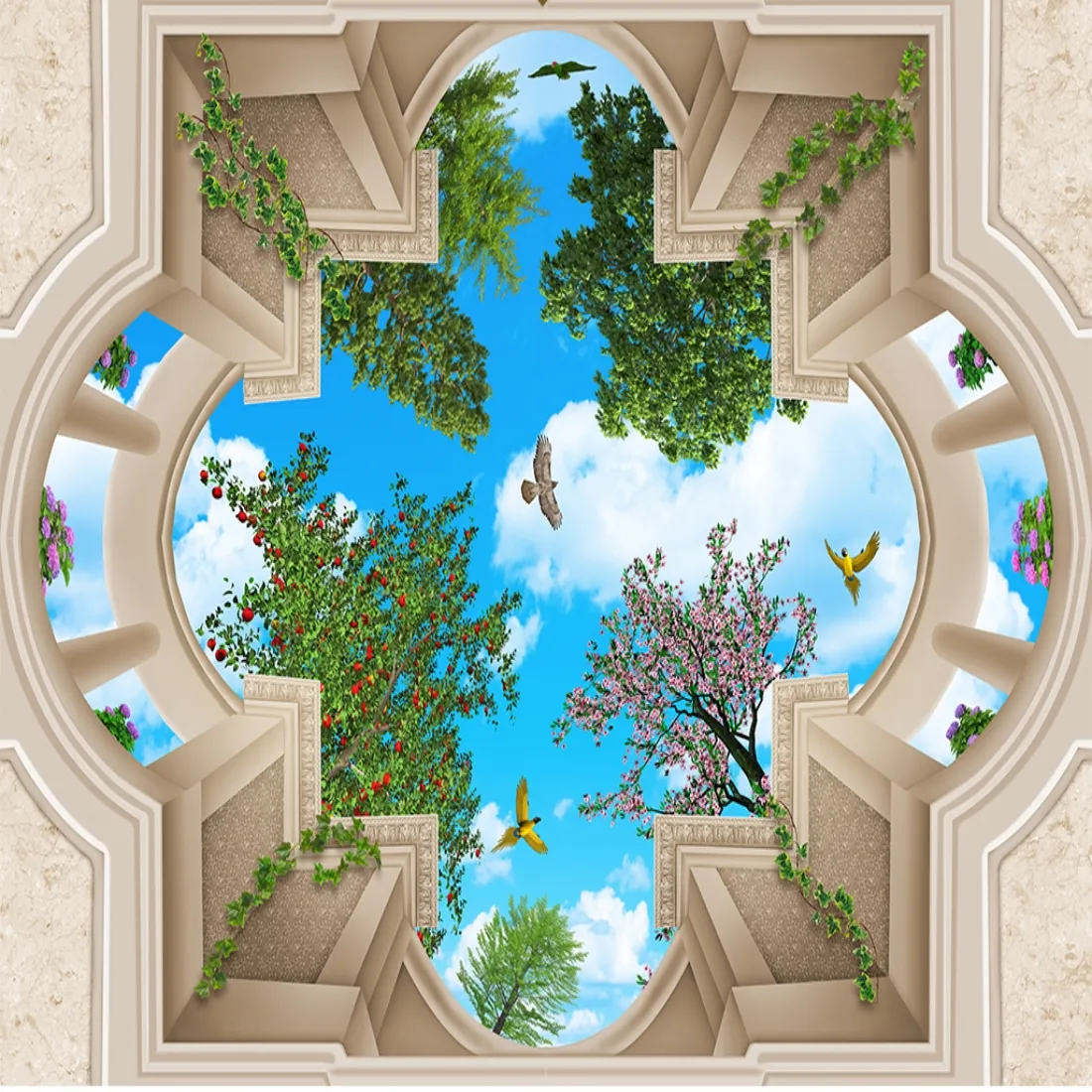 Benutzerdefinierte 3D-Fototapete Decken europäischer Palast 3D Blick auf Himmel Garten Decken oben