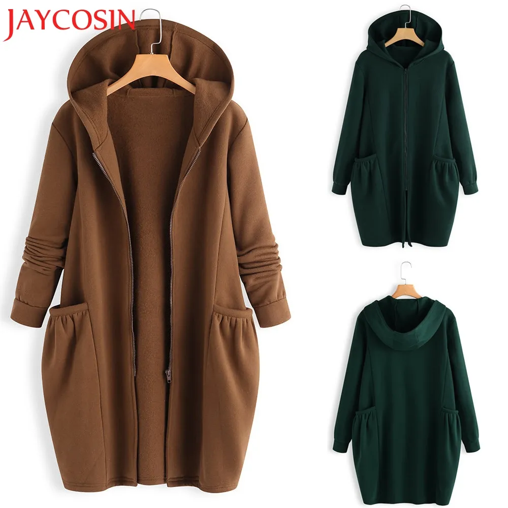 Mode Frauen Winter Warm Outwear Feste Kapuze Taschen Mäntel Weibliche Lange Sleeve Zipper Verdicken Retro Mantel Dropship Nov.18