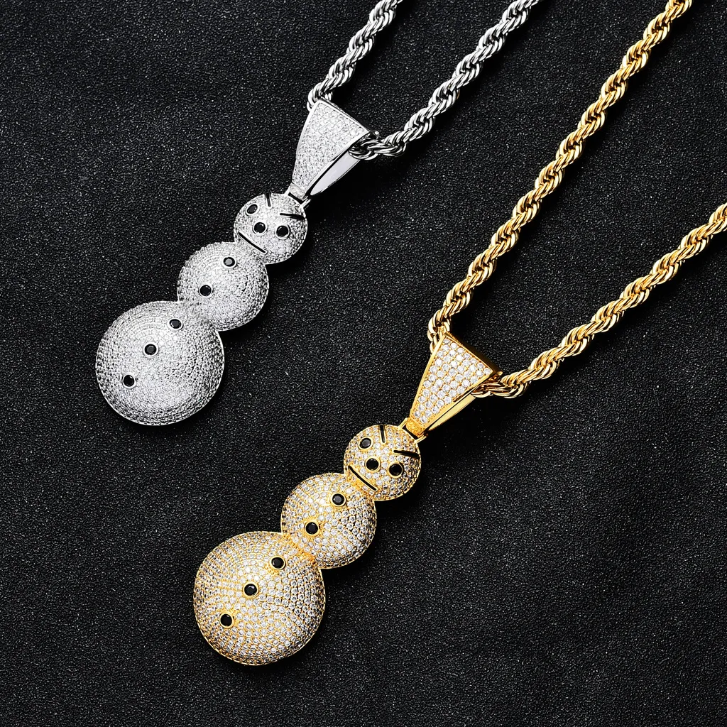New 18K Gold Plated Ice Out Full CZ Cubic Zirconia Christmas Snowman Pendant Necklace Chain Hip Hop Jewelry Gifts for Men an256P