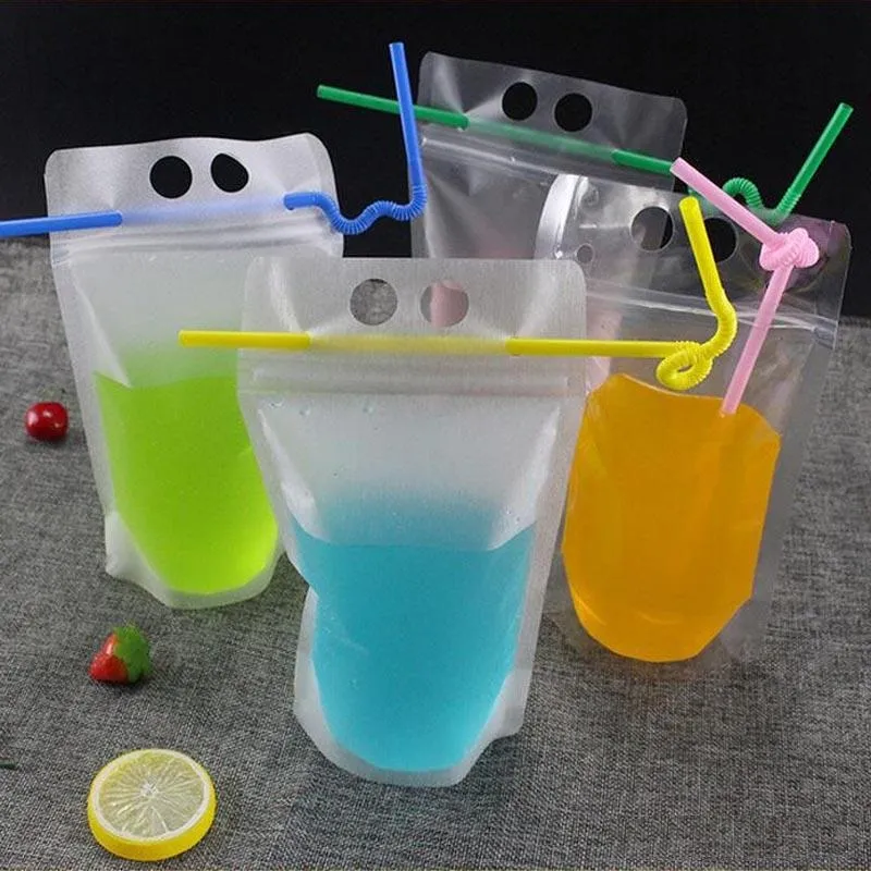 Bolsas transparentes para bebidas de 17oz y 500ml, bolsas con cremallera esmerilada, bolsa de plástico para beber con pajita con soporte que se puede volver a cerrar a prueba de calor