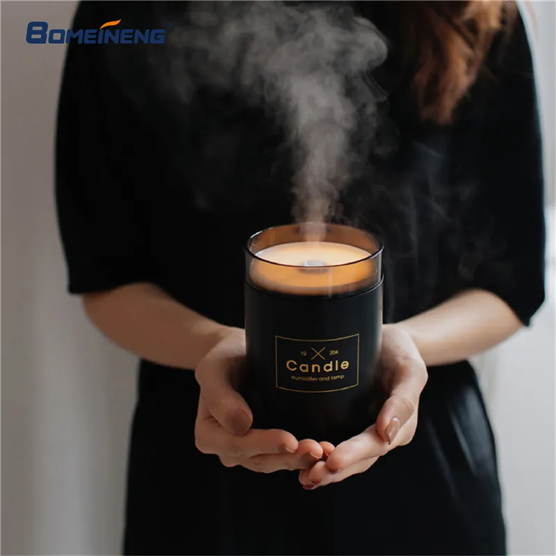 280ML Candle Air Humidifier Ultrasonic Essential Oil Diffusers Home Humidifier Aroma Oil Water Diffuser with Night Lamp Light Y200416