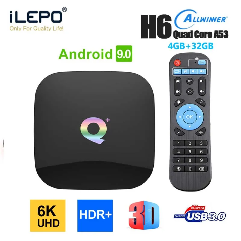 Q Plus TV Box Android 9.0 Allwinner H6 Quad Core 2/4 + 16/32/64 Go Prise en charge Wifi HDMI2.0 avec télécommande