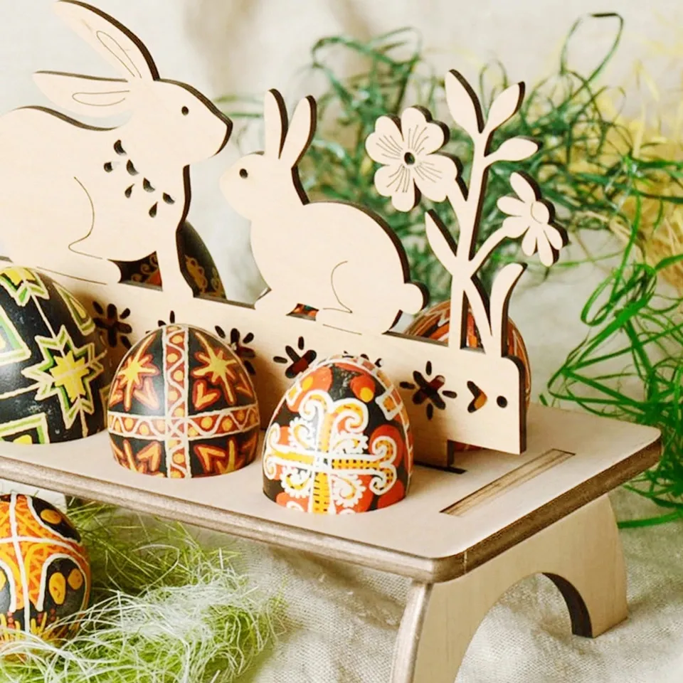 Trä påskägg hyllor för påskfest prydnad DIY kaninbrev äggställ rack kanin mönster påsk dekoration för hem