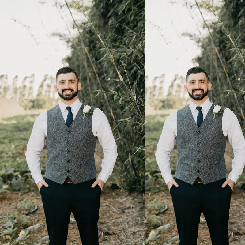 Gri Damat Yelekler 2019 Çiftlik Yün Erkek Yelek Düğün Kıyafetleri Için Groomsmen Slim Fit erkek Takım Elbise Balo Yelek